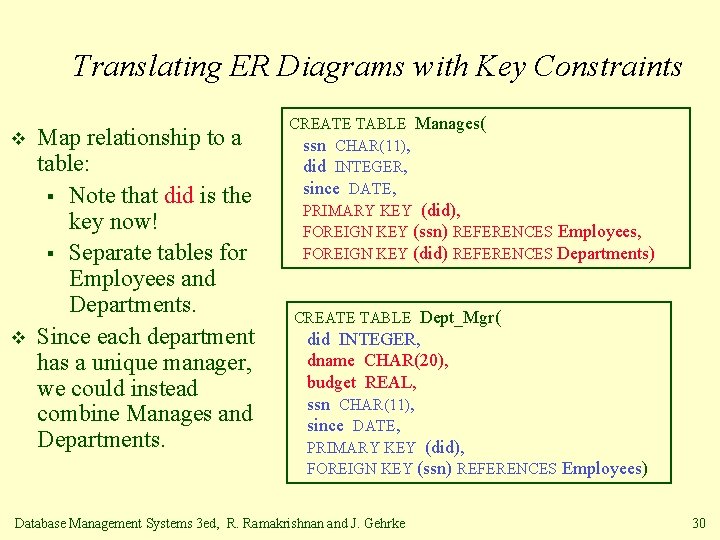Translating ER Diagrams with Key Constraints v v Map relationship to a table: §