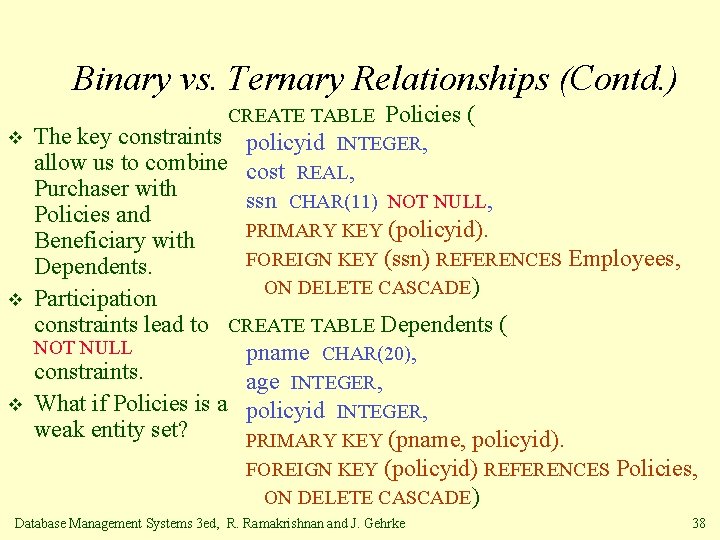 Binary vs. Ternary Relationships (Contd. ) CREATE TABLE Policies ( v The key constraints