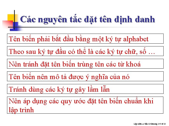 Các nguyên tắc đặt tên định danh Tên biến phải bắt đầu bằng một