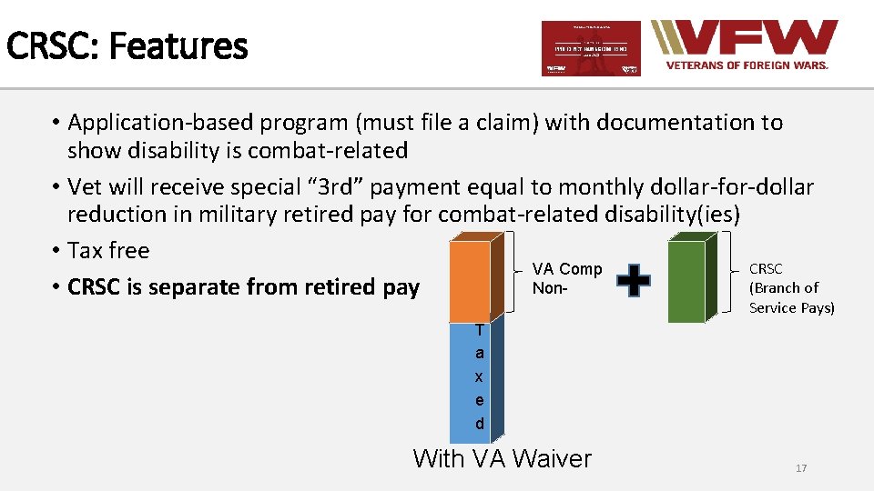 CRSC: Features • Application-based program (must file a claim) with documentation to show disability