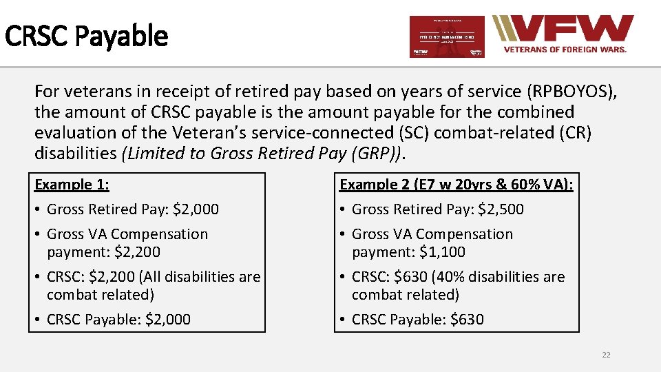 CRSC Payable For veterans in receipt of retired pay based on years of service
