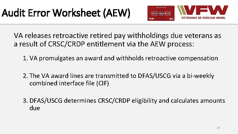 Audit Error Worksheet (AEW) VA releases retroactive retired pay withholdings due veterans as a