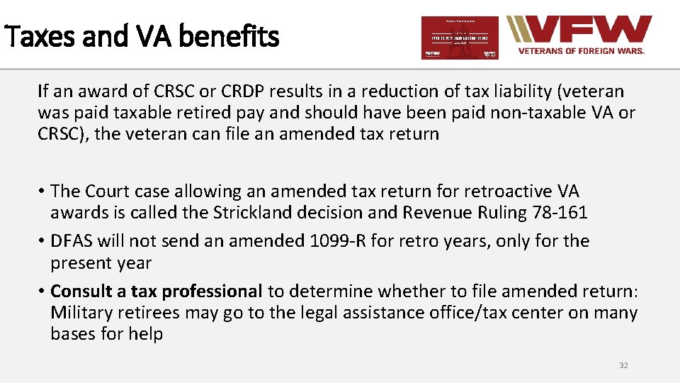 Taxes and VA benefits If an award of CRSC or CRDP results in a