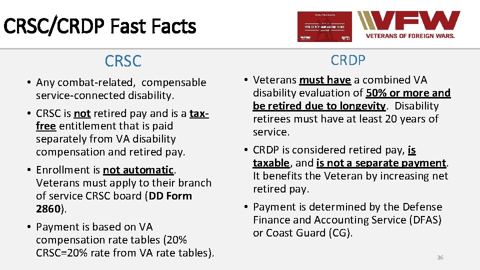 CRSC/CRDP Fast Facts CRSC CRDP • Any combat-related, compensable service-connected disability. • CRSC is