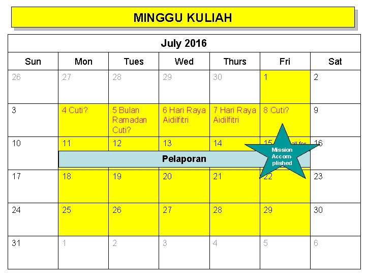 MINGGU KULIAH July 2016 Sun Mon Tues Wed Thurs 30 Fri 26 27 28