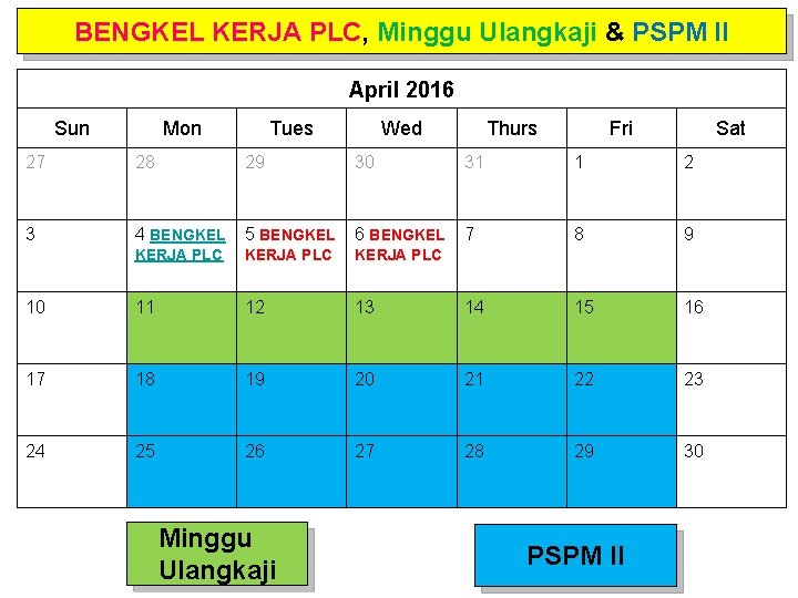 BENGKEL KERJA PLC, Minggu Ulangkaji & PSPM II April 2016 Sun Mon Tues Wed