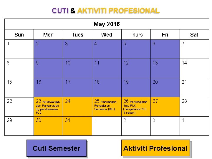 CUTI & AKTIVITI PROFESIONAL May 2016 Sun Mon Tues Wed Thurs Fri Sat 1