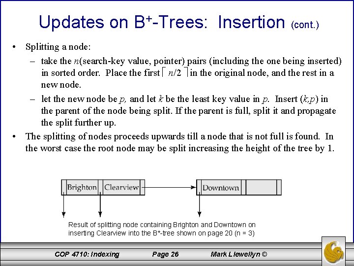 Updates on B+-Trees: Insertion (cont. ) • Splitting a node: – take the n(search-key