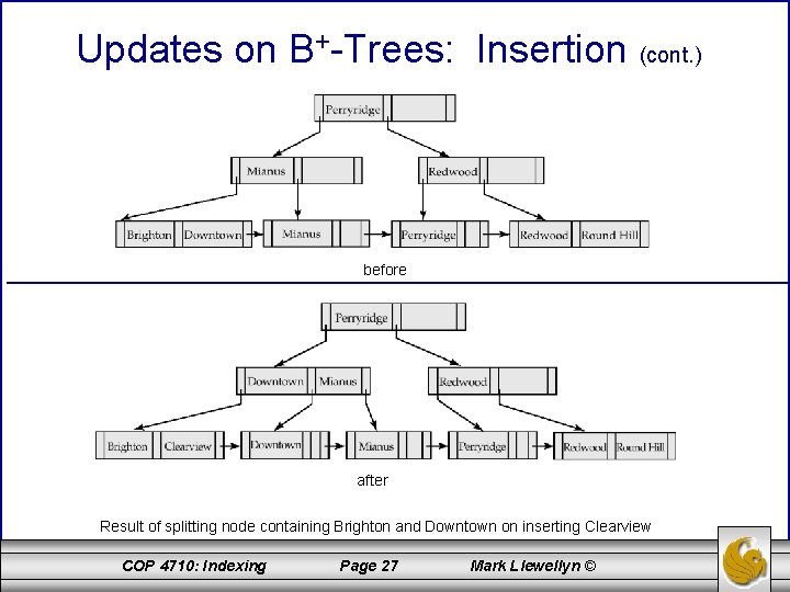 Updates on B+-Trees: Insertion (cont. ) before after Result of splitting node containing Brighton
