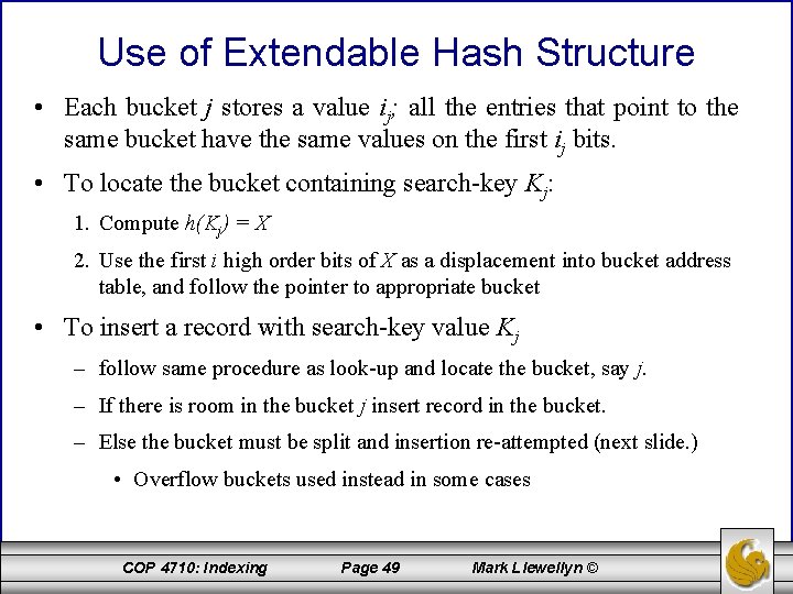 Use of Extendable Hash Structure • Each bucket j stores a value ij; all