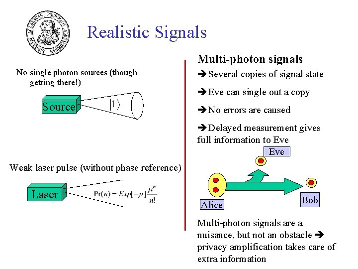 Realistic Signals Multi-photon signals No single photon sources (though getting there!) Source Several copies