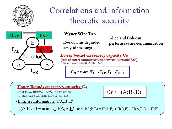 Correlations and information theoretic security Alice Bob E IAE Eve. IBE PABE(a, b, e)