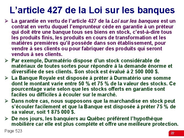 L’article 427 de la Loi sur les banques Ø La garantie en vertu de