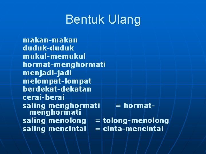 Bentuk Ulang makan-makan duduk-duduk mukul-memukul hormat-menghormati menjadi-jadi melompat-lompat berdekat-dekatan cerai-berai saling menghormati = hormatmenghormati