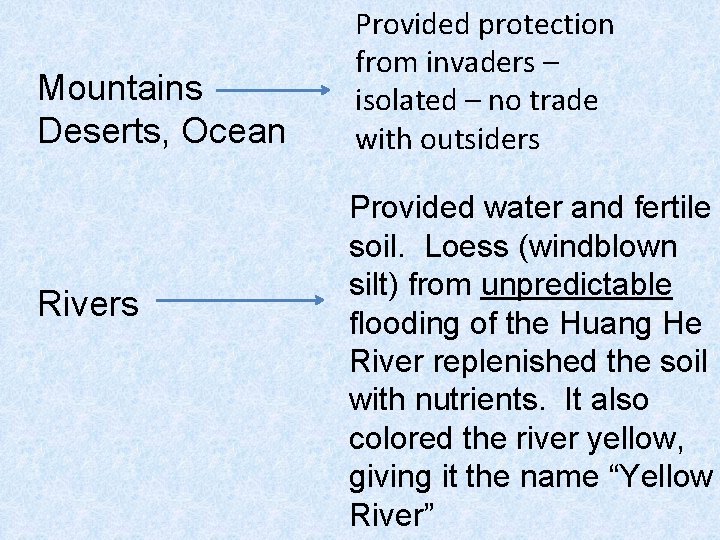 Mountains Deserts, Ocean Rivers Provided protection from invaders – isolated – no trade with