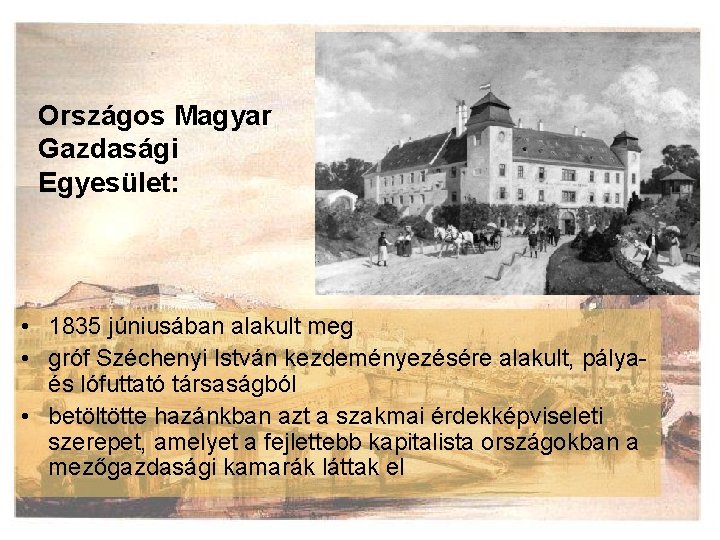 Országos Magyar Gazdasági Egyesület: • 1835 júniusában alakult meg • gróf Széchenyi István kezdeményezésére