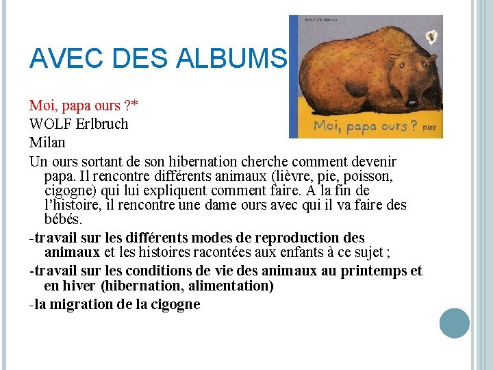 AVEC DES ALBUMS Moi, papa ours ? * WOLF Erlbruch Milan Un ours sortant