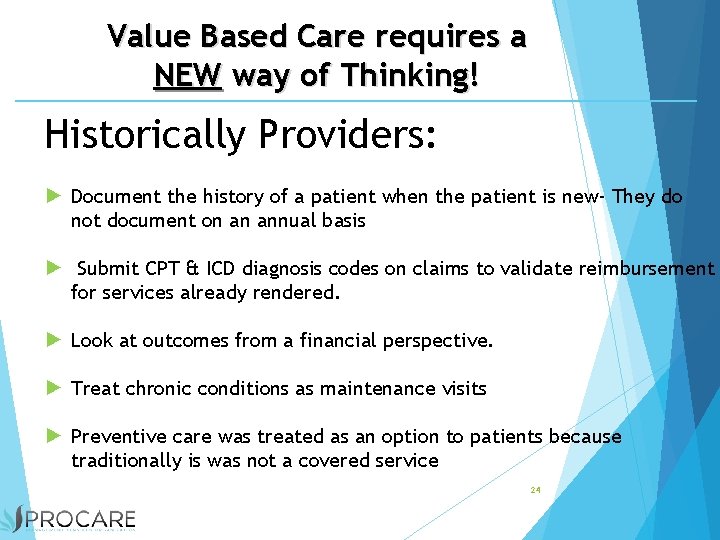 Value Based Care requires a NEW way of Thinking! Historically Providers: ► Document the