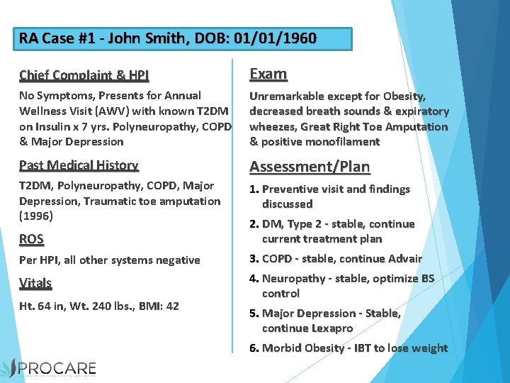 RA Case #1 - John Smith, DOB: 01/01/1960 Chief Complaint & HPI Exam No