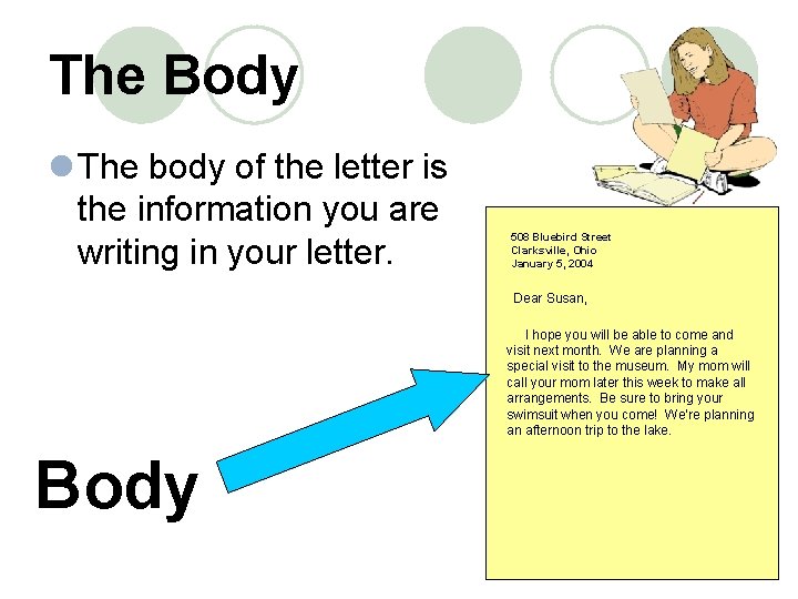 The Body l The body of the letter is the information you are writing