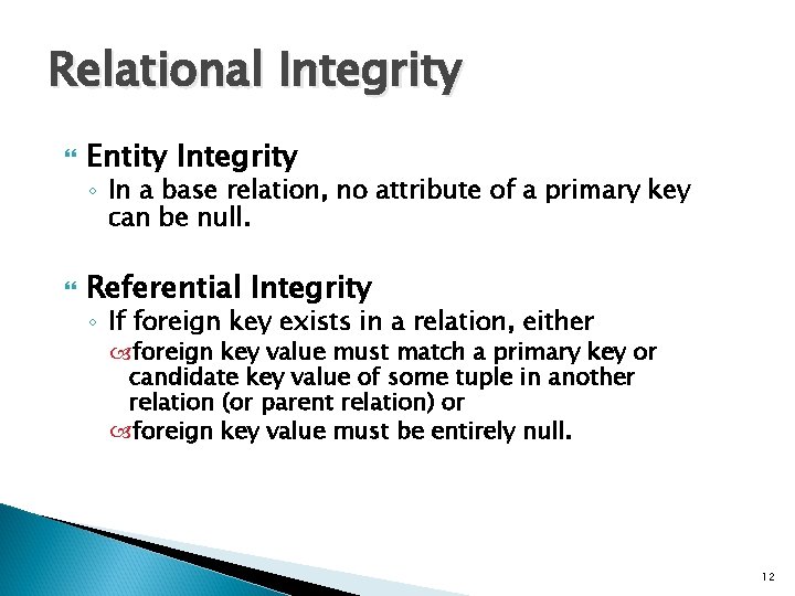 Relational Integrity Entity Integrity ◦ In a base relation, no attribute of a primary