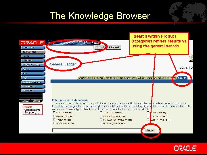 The Knowledge Browser Search within Product Categories refines results vs. using the general search