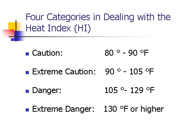 Four Categories in Dealing with the Heat Index (HI) n Caution: 80 ° -