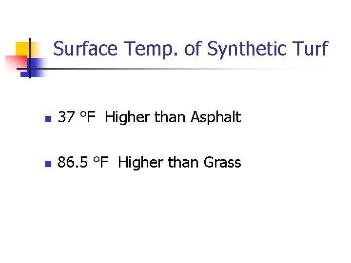Surface Temp. of Synthetic Turf n 37 °F Higher than Asphalt n 86. 5