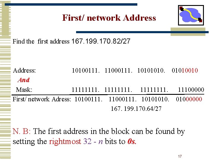 First/ network Address Find the first address 167. 199. 170. 82/27 Address: 10100111. 11000111.