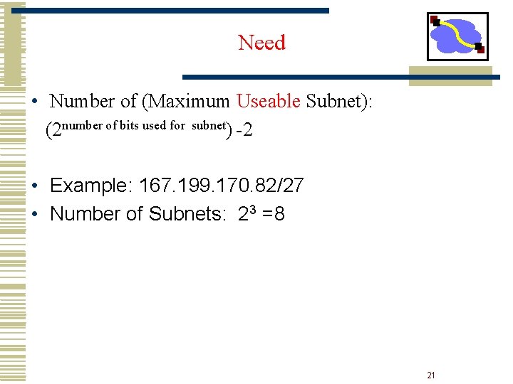 Need • Number of (Maximum Useable Subnet): (2 number of bits used for subnet)