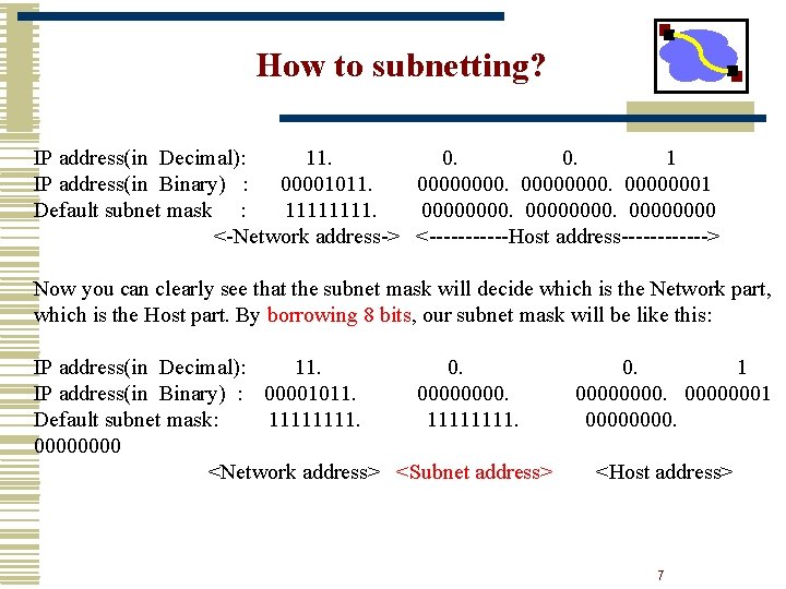 How to subnetting? IP address(in Decimal): 11. 0. 0. 1 IP address(in Binary) :