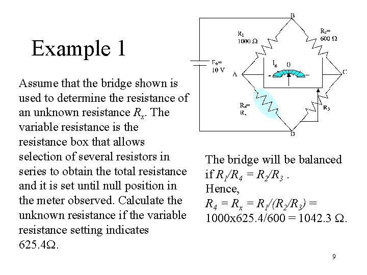 Example 1 Assume that the bridge shown is used to determine the resistance of