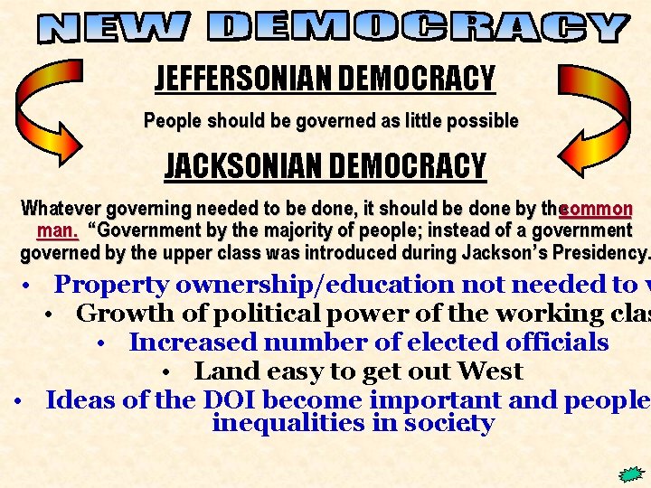New Democracy JEFFERSONIAN DEMOCRACY People should be governed as little possible JACKSONIAN DEMOCRACY Whatever