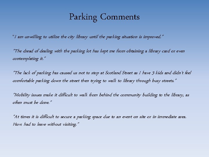 Parking Comments "I am unwilling to utilize the city library until the parking situation