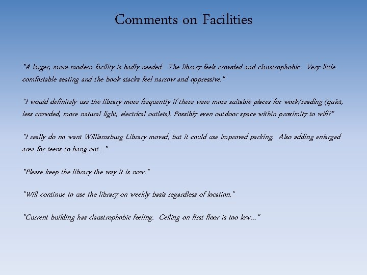 Comments on Facilities "A larger, more modern facility is badly needed. The library feels
