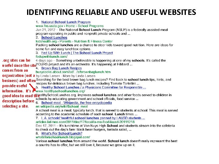 IDENTIFYING RELIABLE AND USEFUL WEBSITES . org sites can be useful since the site