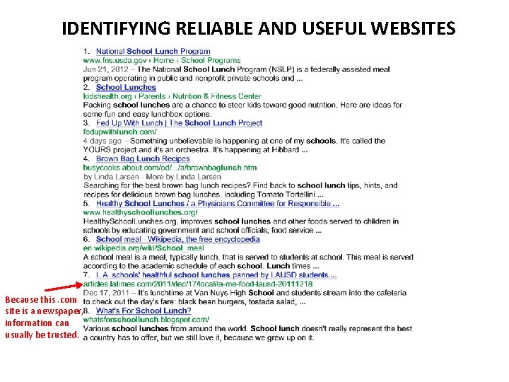IDENTIFYING RELIABLE AND USEFUL WEBSITES Because this. com site is a newspaper, information can
