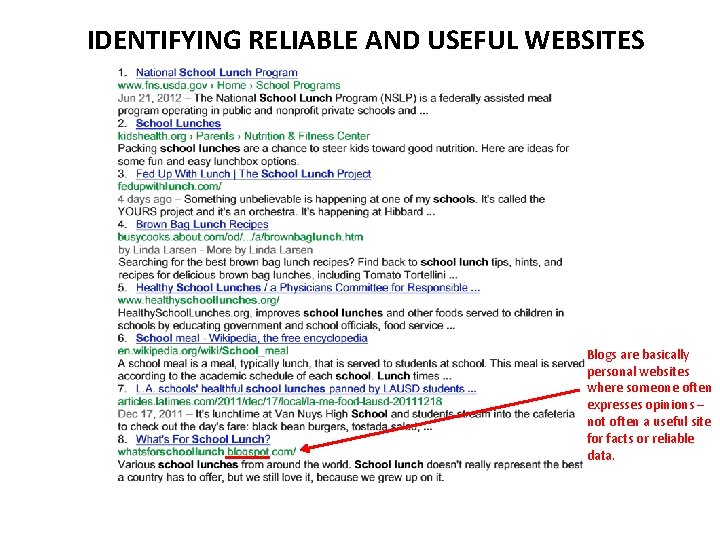 IDENTIFYING RELIABLE AND USEFUL WEBSITES Blogs are basically personal websites where someone often expresses