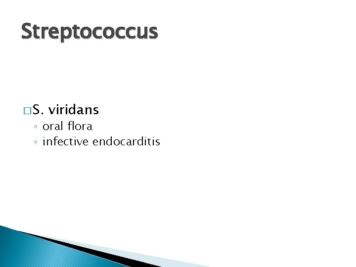 Streptococcus � S. viridans ◦ oral flora ◦ infective endocarditis 