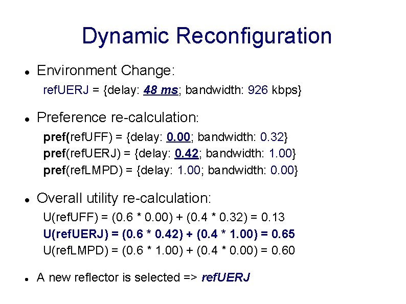 Dynamic Reconfiguration Environment Change: ref. UERJ = {delay: 48 ms; bandwidth: 926 kbps} Preference