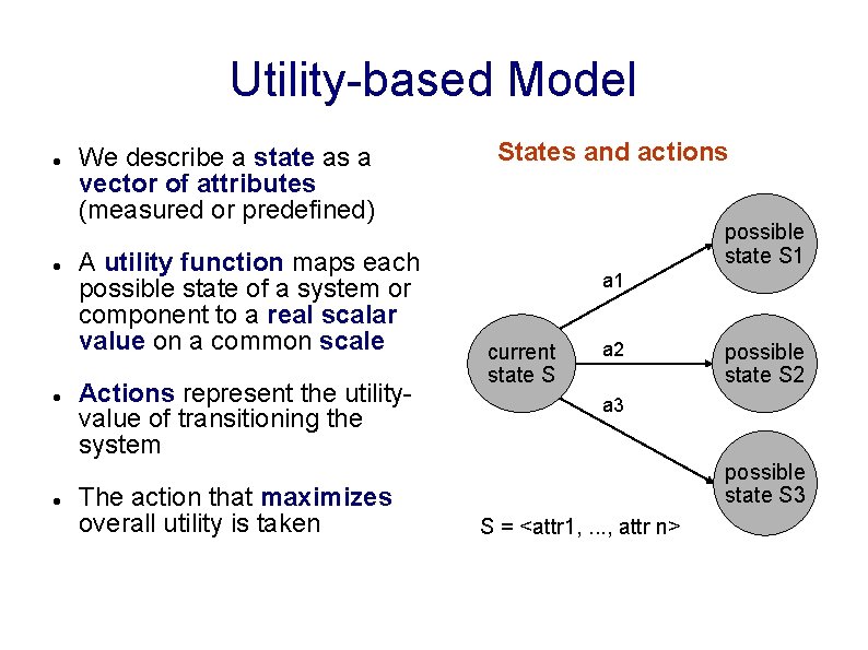 Utility-based Model We describe a state as a vector of attributes (measured or predefined)