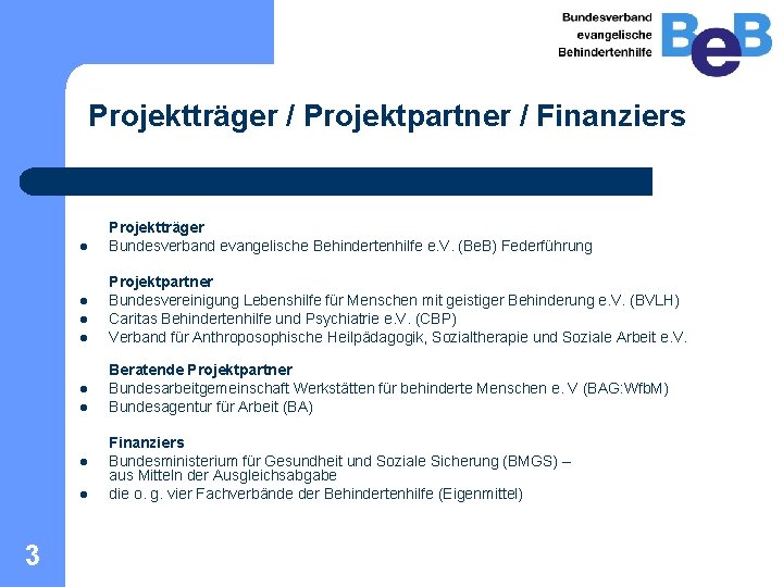 Projektträger / Projektpartner / Finanziers l l l l 3 Projektträger Bundesverband evangelische Behindertenhilfe Projektträger / Projektpartner / Finanziers l l l l 3 Projektträger Bundesverband evangelische Behindertenhilfe