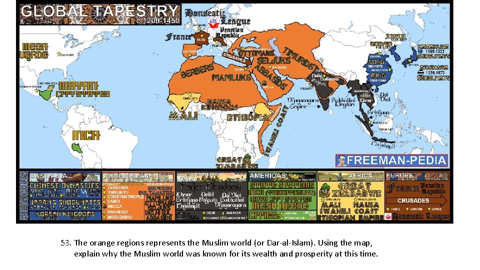 53. The orange regions represents the Muslim world (or Dar-al-Islam). Using the map, explain