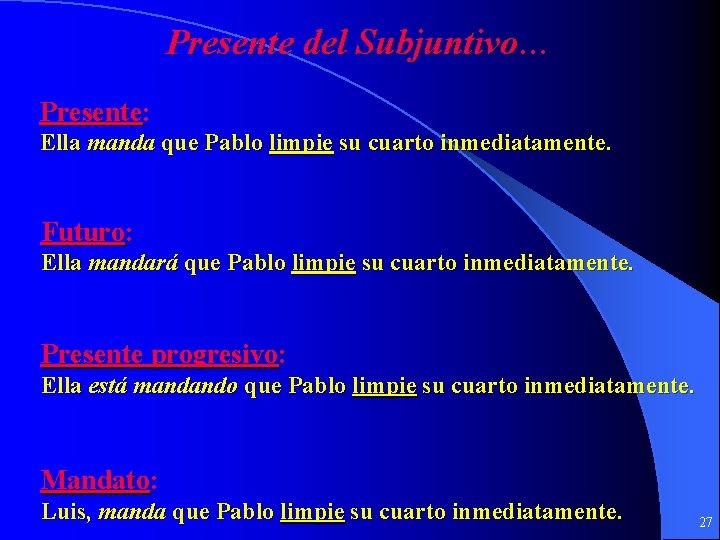 Presente del Subjuntivo… Presente: Ella manda que Pablo limpie su cuarto inmediatamente. Futuro: Ella