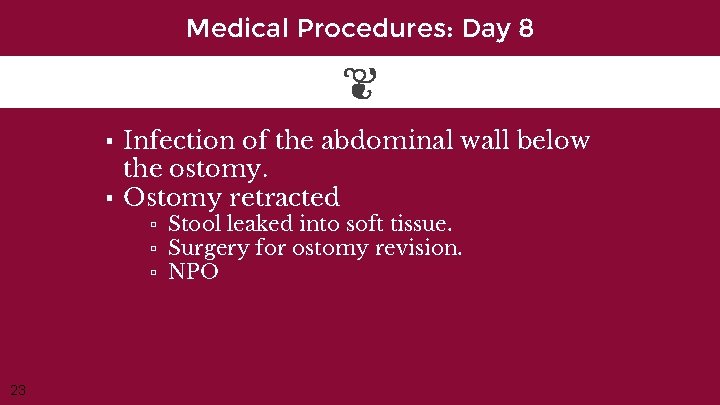 Medical Procedures: Day 8 ▪ Infection of the abdominal wall below the ostomy. ▪
