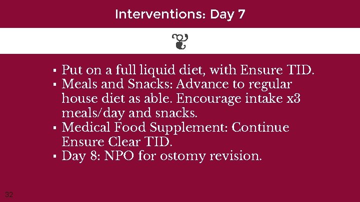 Interventions: Day 7 ▪ Put on a full liquid diet, with Ensure TID. ▪