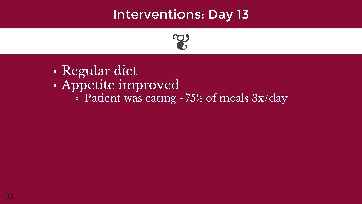Interventions: Day 13 ▪ Regular diet ▪ Appetite improved ▫ Patient was eating ~75%