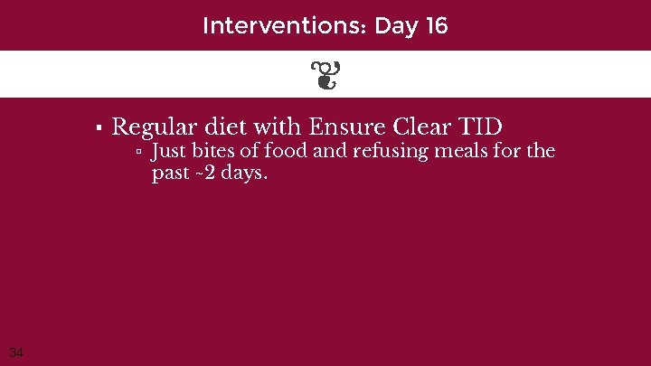 Interventions: Day 16 ▪ Regular diet with Ensure Clear TID ▫ Just bites of