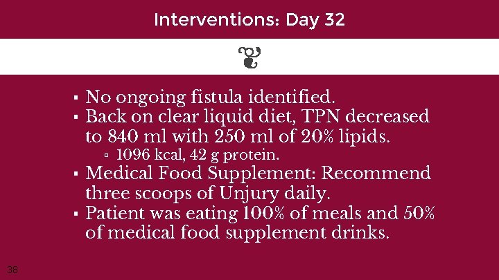 Interventions: Day 32 ▪ No ongoing fistula identified. ▪ Back on clear liquid diet,