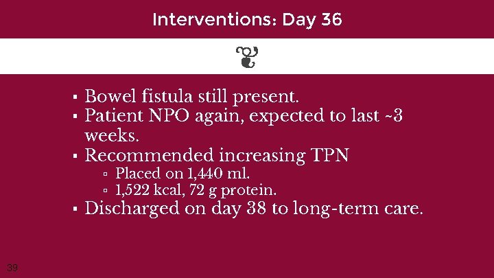 Interventions: Day 36 ▪ Bowel fistula still present. ▪ Patient NPO again, expected to
